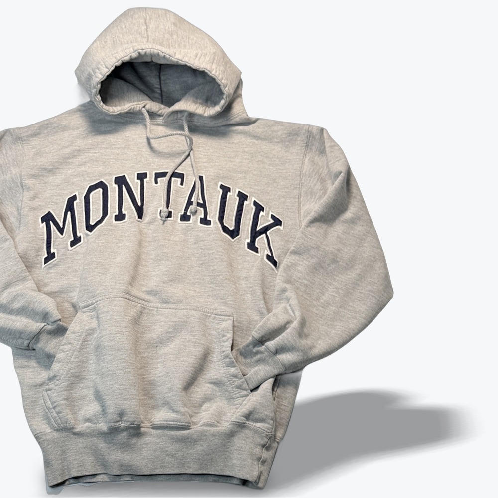 Montauk Clothing Co Mens Pullover Hoodie Gray Spellout Sweatshirt Small Coastal